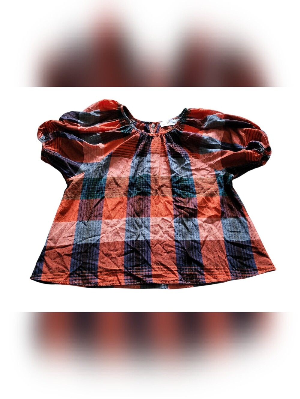 Anthropologie Red and Navy Plaid Puff-Sleeve Blouse